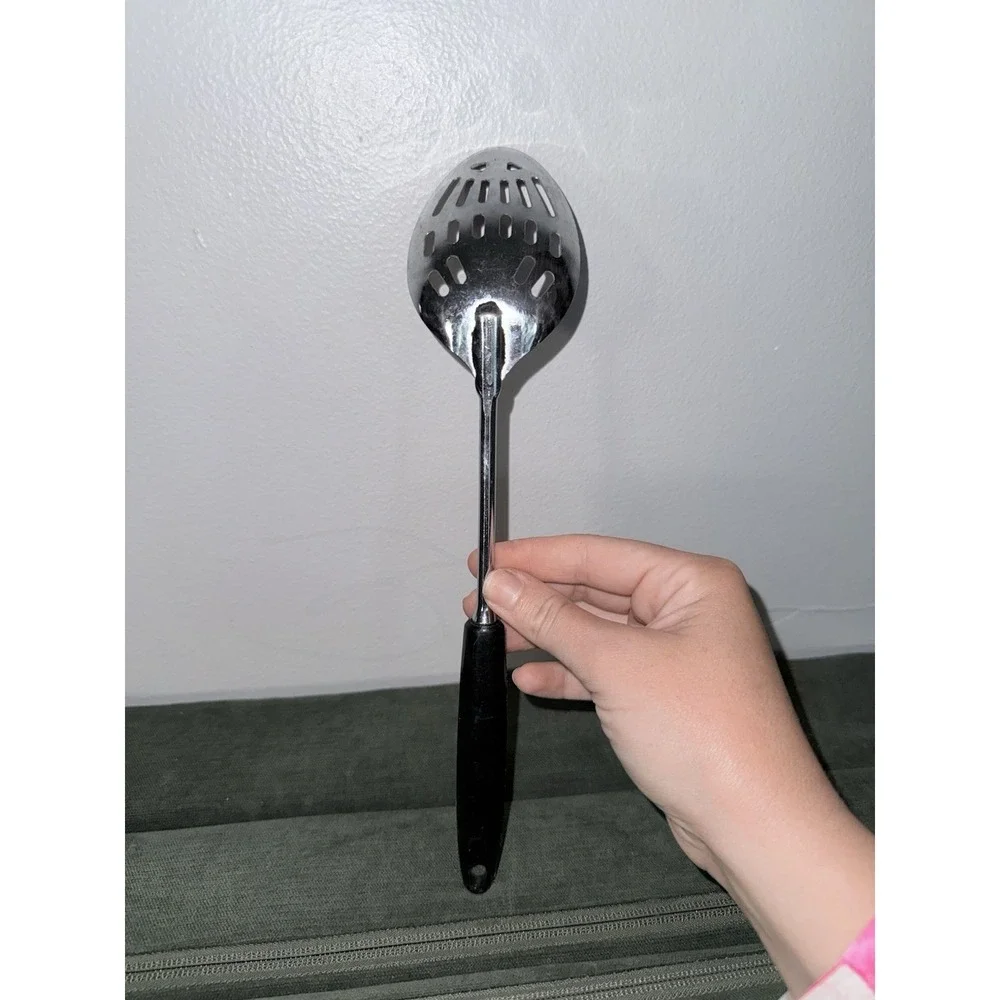 Vintage Ekco Slotted Serving Spoon Chrome Plated Black‎ Plastic Handle